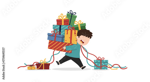 Joyful Young Person Carrying Stacked Presents Colorful Wrapped Gifts With Ribbons Pixelated Flat Illustration