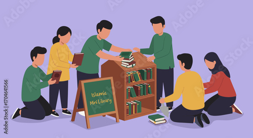 Group Of People Organizing Books On A Wooden Shelf Flat Illustration In Green Brown And Purple Colors