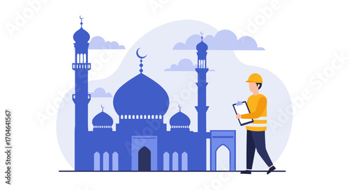 Blue Silhouette Mosque Illustration With Engineer Holding Clipboard and Cloud Background