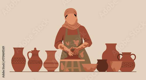 Flat Illustration Of A Woman Crafting Clay Pottery On A Wheel With Brown Vases And Warm Lighting