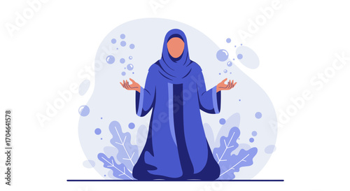 Blue Clothed Woman Praying with Open Hands on White Background Flat Illustration