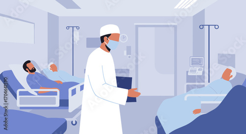 Flat Illustration of Doctor in White Coat and Mask Attending Patients in Hospital Room with Blue and White Tones
