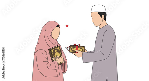 Couple exchanging gift in a flat illustration with pink and cream background celebrating a moment of love and appreciation