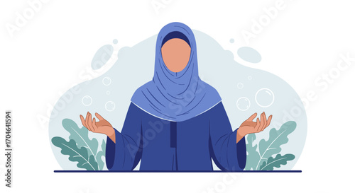 Flat Illustration of a Muslim Woman in Blue Hijab and Attire with Open Palms and Green Leafy Background on White