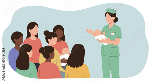 Nurse in Green Uniform Presenting Newborn Baby to Group of Women in a Light Blue Background