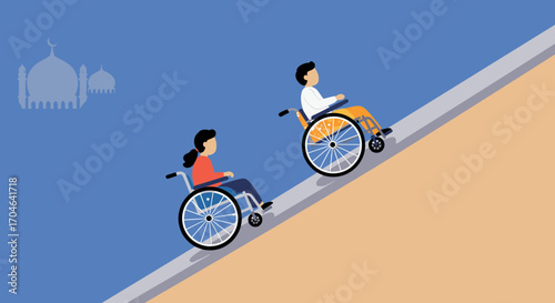 Flat Illustration Of Two People In Wheelchairs Ascending A Ramp With Blue And Beige Background And Silhouette Building