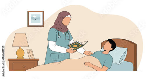 Nurse Reads To Patient In Bedside Scene Depicting Medical Care In Bedroom