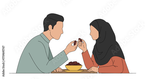 Flat Illustration Of A Couple Sharing Dates At A Table In Warm Tones Celebrating Religious Event