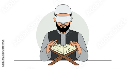 Muslim Man Reading Religious Text in Flat Illustration Style with White Background