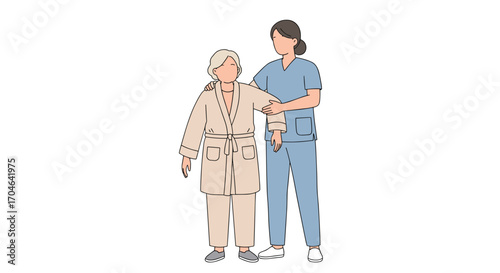 Elderly Woman Supported By A Caregiver In A Flat Illustration Featuring Beige And Blue Tones