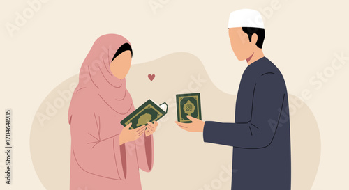 Muslim Couple Reading Quran Together in Flat Illustration Style with Cream Background