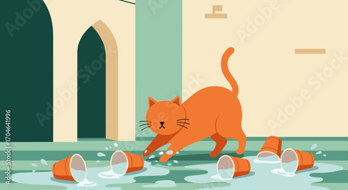 Orange Pixelated Cat Stretching with Spilled Cups on Teal and Tan Floor