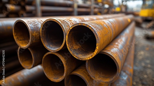 Stacked Rusty Steel Pipes in an Industrial Setting