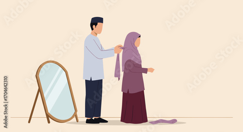 Flat Illustration Of A Muslim Couple Getting Ready For Marriage Ceremony In A Room With A Mirror And Beige Background