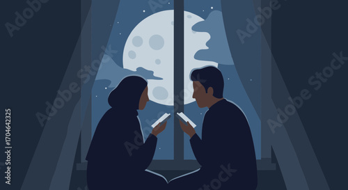 Silhouetted Couple Gazing At The Night Sky Through Window With Pixelated Moon and Clouds