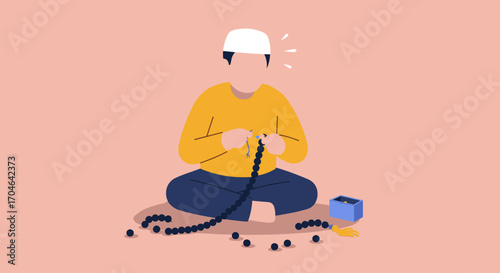 Muslim Man Praying with Rosary Beads Sitting in Pink Background Flat Illustration