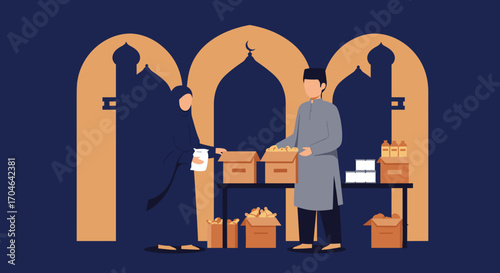 Muslims Giving Donations During Islamic Charity Event Flat Illustration Blue Background