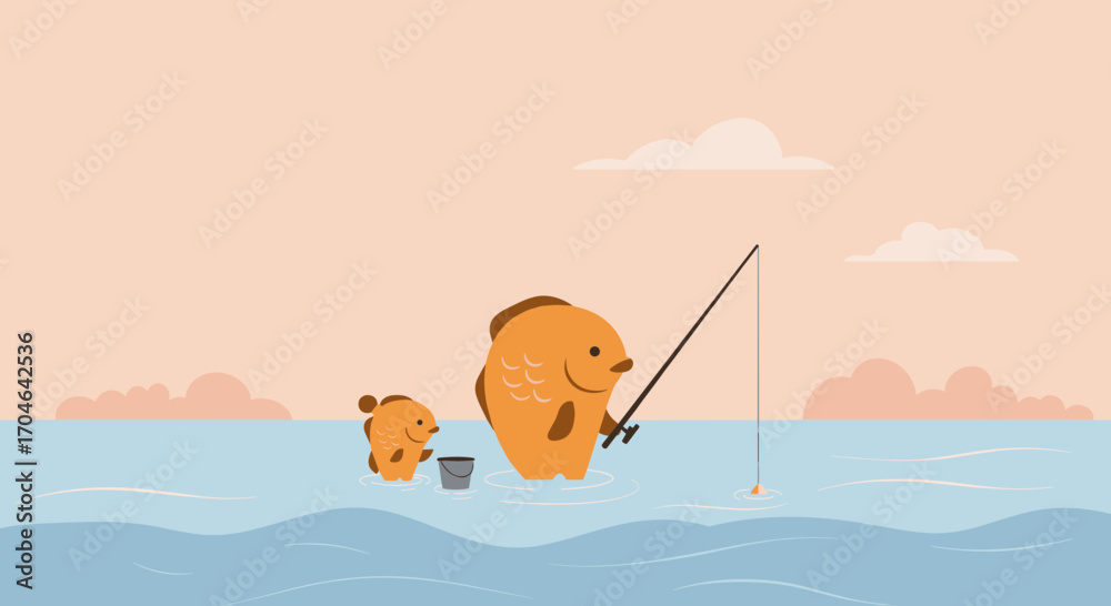 Fototapeta premium Pixelated Orange Fish Family Fishing with Rod and Bucket in Ocean Landscape under Beige and Pink Sky