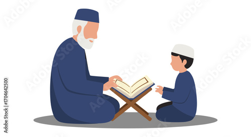 Elderly Man Teaching Young Boy From Open Book With Blue Outfits And Beige Background Flat Illustration