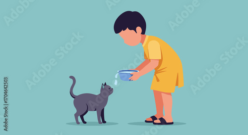 Pixelated Illustration Of Young Boy Feeding A Grey Cat With Blue Bowl And Teal Background