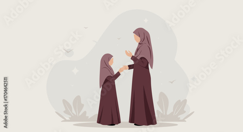 Flat Pixel Illustration of Muslim Mother and Daughter in Modest Brown Dresses Holding Hands