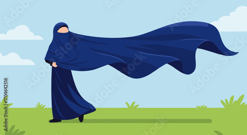 Flat Digital Illustration Of A Woman In Blue Burka Walking On Green Field Against Blue Sky And White Clouds