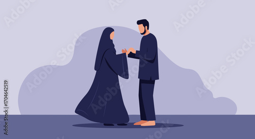 Flat Illustration Of A Muslim Couple Holding Hands In Blue Tones Against A Cloud-Like Background