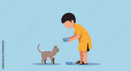 Young Boy in Yellow Outfit Feeding a Gray Cat with Blue Bowls on a Light Blue Background in Flat Pixel Illustration