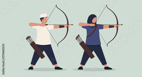 Flat Illustration Of Two Archers In Blue And White Outfits Aiming With Bows And Arrows Against Light Blue Background