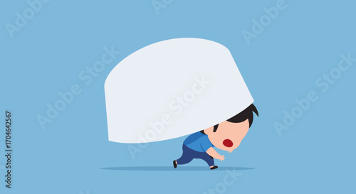 Pixelated Man Running Under White Headwear on Blue Background Illustrating Overwhelming Load