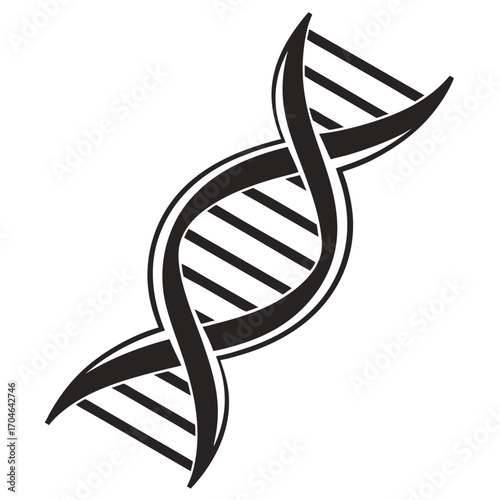 Black and White Stylized DNA Double Helix Strand Icon on White Background Keywords: DNA, double helix, science, genetics, biology, molecule, helix, structure, research, medical, health, gene