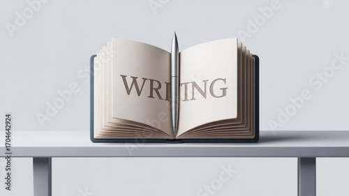 Writing book with pen for creative writing and authoring inspiration and education for writers and authors