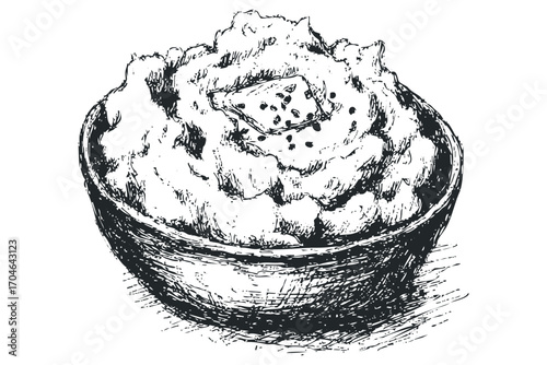 Mashed potatoes in a bowl with butter and seasoning. Vector hand drawn illustration