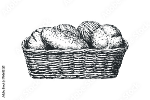Hand Drawn Bread Basket With Assorted Baked Goods Transparent. Vector hand drawn illustration