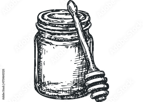 Ink sketch of glass honey jar with wooden dipper on white. Vector hand drawn illustration