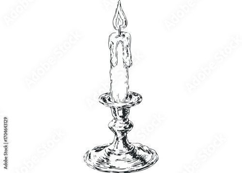 Line drawing of a lit antique candle in a metal candlestick on a white. Vector hand drawn illustration