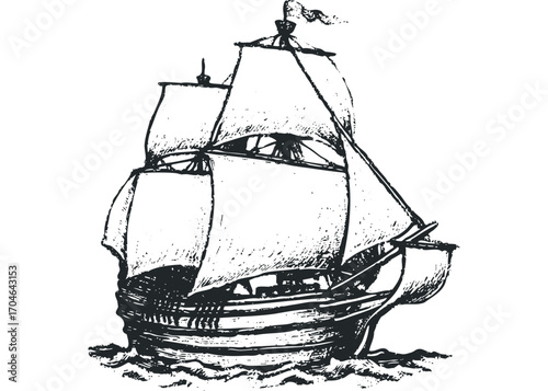 Ink sketch of a vintage sailboat with billowing sails on choppy water. Vector hand drawn illustration