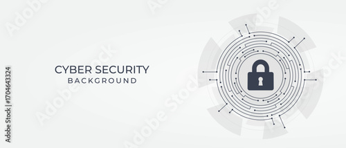 The illustration features a central shield icon placed over a grid of interconnected lines, representing cybersecurity. The shield stands out against a soft gradient background