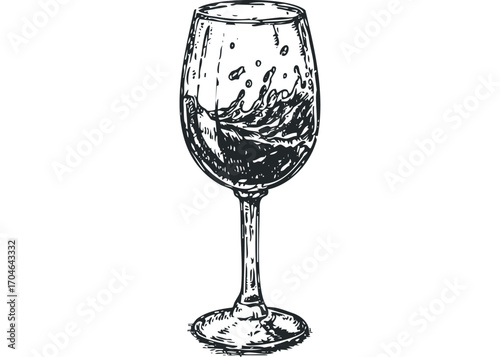 Hand Drawn Wine Glass with Dark Liquid and Splashes. Vector hand drawn illustration