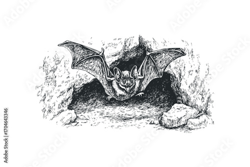 Vintagedrawn bat with outstretched wings emerging from cave entrance,. Vector hand drawn illustration