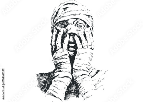 Terrified Mummy With Wrapped Face And Hands Over Mouth. Vector hand drawn illustration