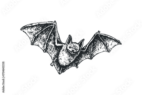 Hand drawn bat with outstretched wings on transparent background. Vector hand drawn illustration