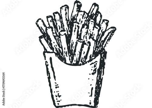 Sketch of French Fries in a Cardboard Container. Vector hand drawn illustration