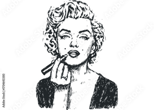Woman applying lipstick on transparent. Vector hand drawn illustration