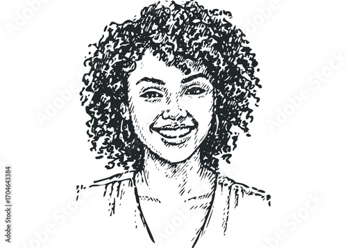 Black woman smiling with curly hair sketch. Vector hand drawn illustration