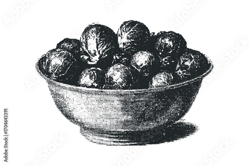 Vintage engraving of Brussels sprouts in a bowl. Vector hand drawn illustration
