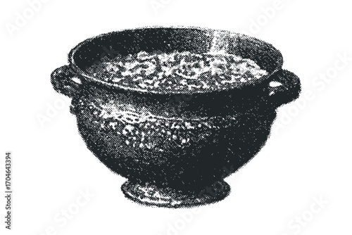 Antique ornate textured bowl filled with granular contents. Vector hand drawn illustration