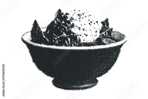 Halftone Textured Bowl with Food on Transparent Background. Vector hand drawn illustration