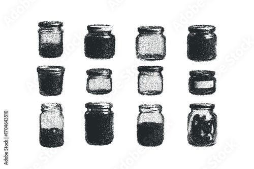 Collection of Twelve Textured Glass Jars on Transparent Background. Vector hand drawn illustration
