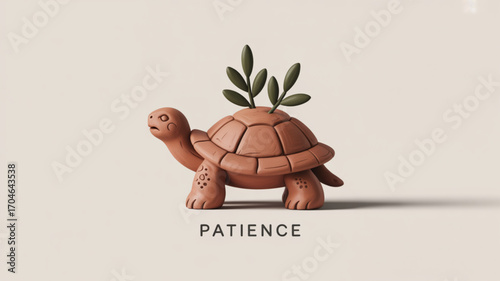 Turtle clay sculpture with leaves patience concept art animal figurine slow and steady wins the race artwork